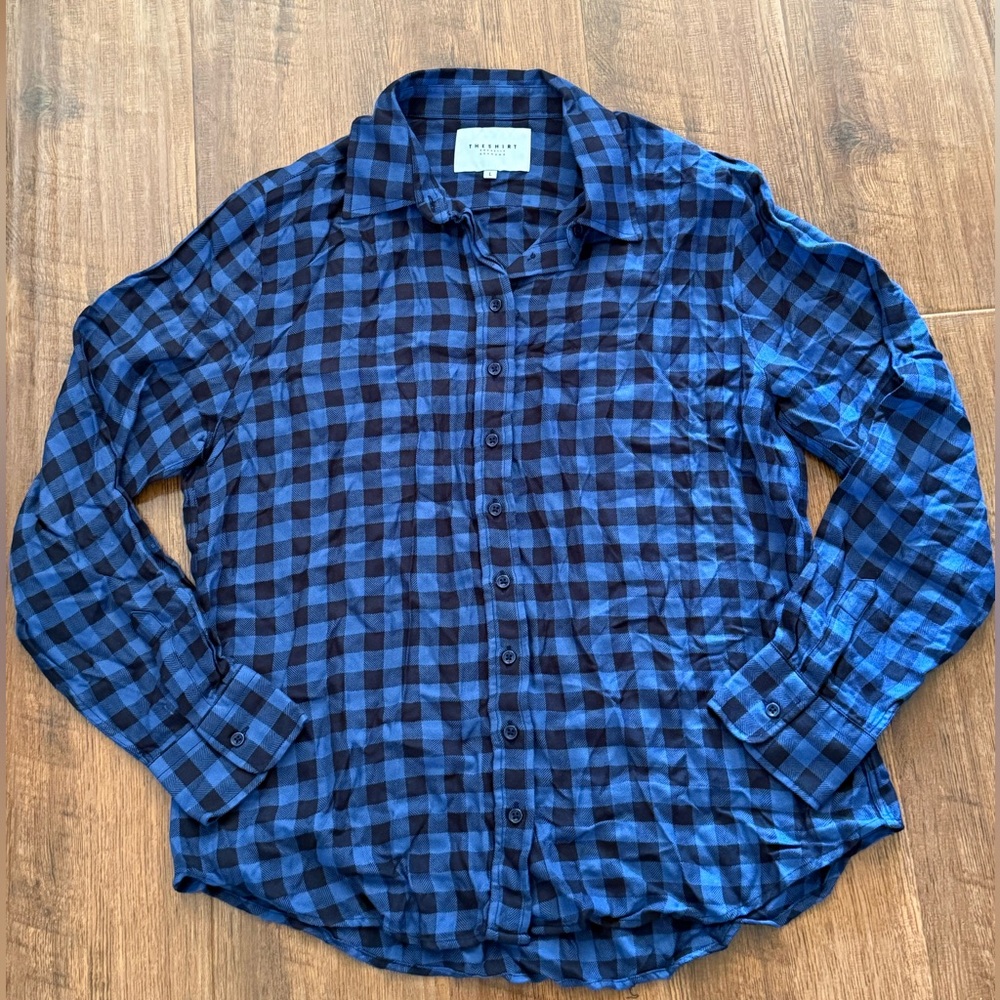 The Shirt by Rochelle Behrens Shirt Blue Black Plaid Button Up- Size: Large